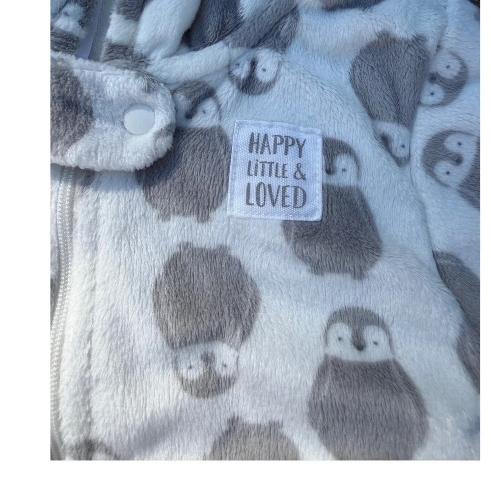 Carters Baby 3M Penguin Fleece Pram Suit Hooded Bunting White Gray Footed Romper